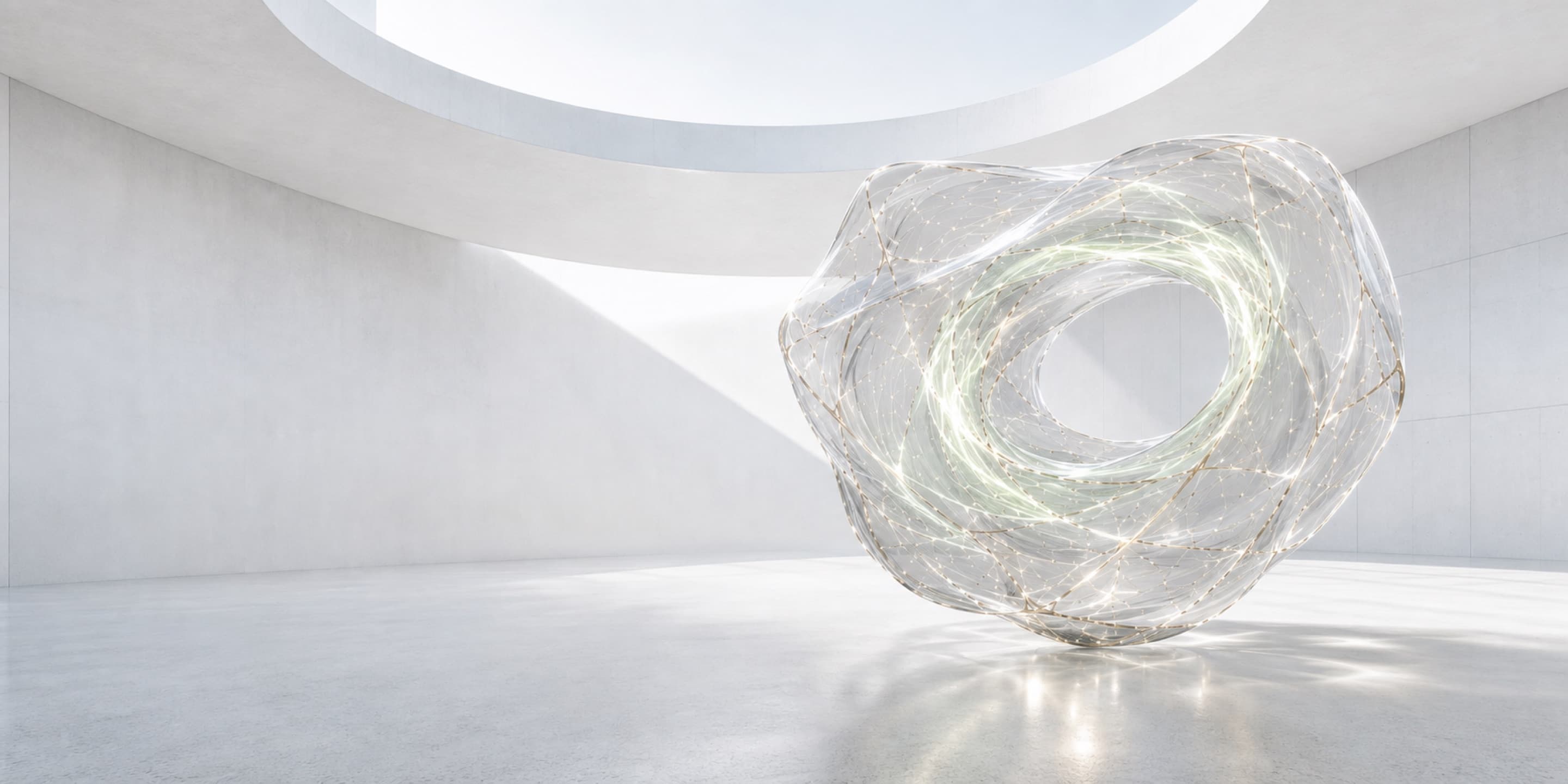Translucent energy ring in a mineral-white atrium