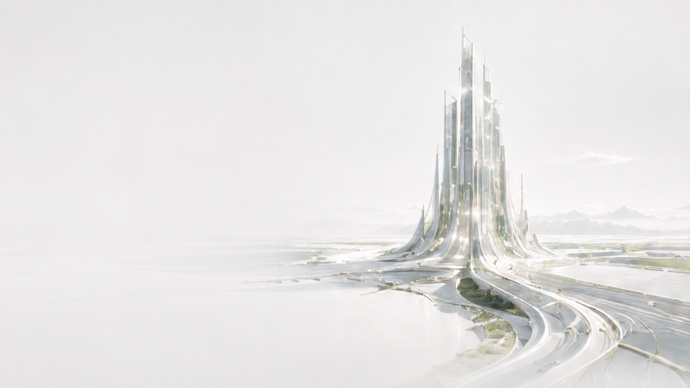 Luminous crystalline energy spire emerging from a mineral-white infrastructure basin